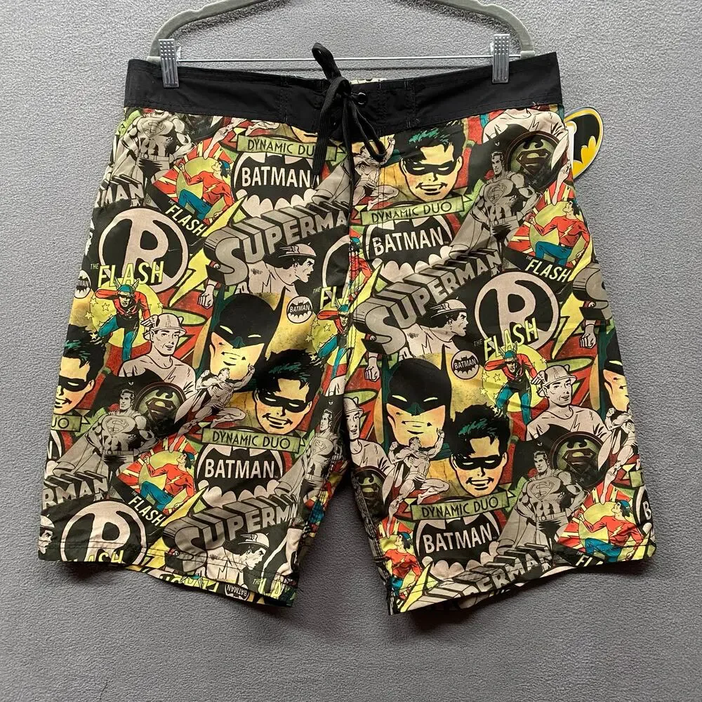 Batman DC Comics Retro Swim Trunks Mens 2XL Superman Flash Lined Pocket‎ Beach